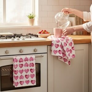 Casaba Kitchen Towel Set Unisex 18x28 Pink Brand New Heart Print Cotton 2pk